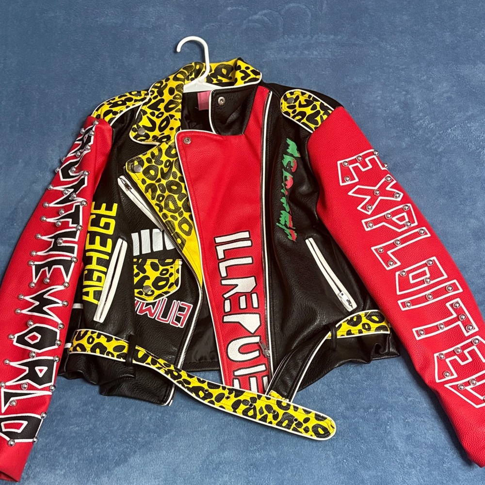 Azalea Wang Colorful Graphic Leather Jacket